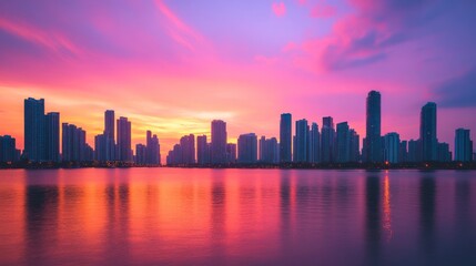 Fototapeta premium Spectacular skyline reflecting vibrant hues of twilight on calm waters