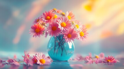 Vibrant daisy flowers in a cool blue vase bringing a refreshing summer touch generative ai