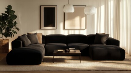 Dark brown sectional sofa in modern living room