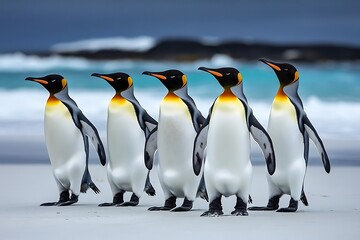 Obraz premium Majestic King Penguins stroll on a pristine Antarctic beach their elegant gait a breathtaking sight against the