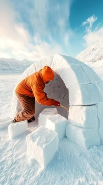 Person building an igloo in the snow. Winter adventure.
