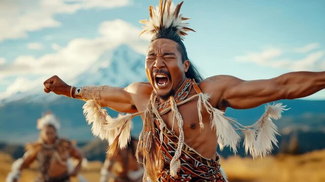 A Maori man performs a powerful haka dance, showcasing vibrant traditional attire against a majestic mountain backdrop.
