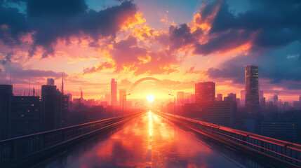 Fototapeta premium Sunrise cityscape road asphalt highway leads to bright sunrise in a metropolis. [Dream Architectures] | Vapor Arches | misty curves. Illustration