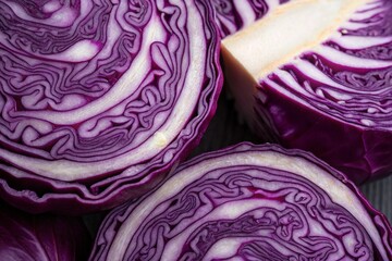 Obraz premium Background of the blue cabbage in the cut. Close up, top view. Texture raw purple cabbage - generated by ai