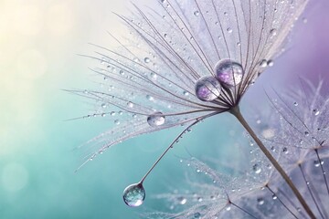 Beautiful dew drops on a dandelion seed macro. Beautiful soft light blue and violet background. Water drops on a parachutes dandelion on a beautiful blue - generated by ai