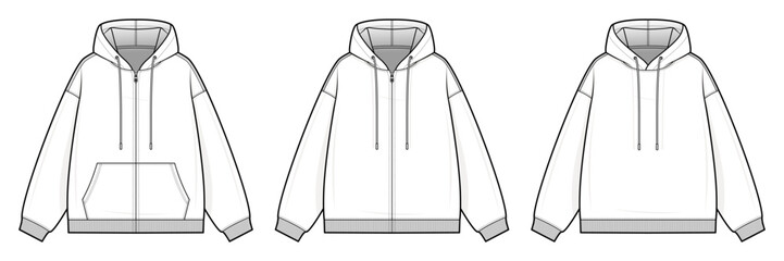 Hooded Sweatshirt Technical Fashion Illustration. Hoodie Vector Template. Front, Back, and Side View. Kangaroo Pocket. Relaxed Fit. Ribbed Hems. Unisex Casualwear. White Color. CAD Mockup Set.