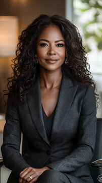 Black American female CEO a dark suit sitting in a contemporary office medium shot 50mm f12 GM