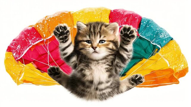 Cute kitten wearing colorful parachute