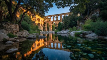 Fototapeta premium Ancient aqueduct reflects in serene stream