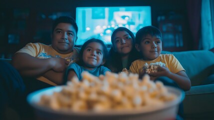 A family of four sitting together on a couch watching a movie at night, with a bowl of popcorn in the foreground, capturing togetherness, entertainment, and cozy home moments.