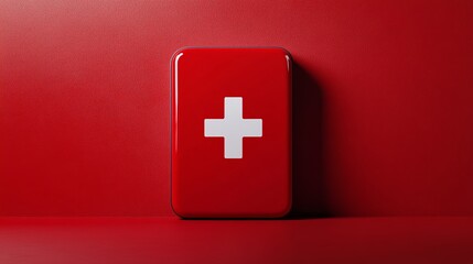 Obraz premium Red First Aid Kit Box Medical Emergency Healthcare Supplies Help Safety Protection Essential Aid Kit Red Cross Symbol Health Clinic Doctor Hospital Treatment Medicine 