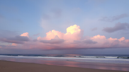 Obraz premium Mesmerizing view of the fluffy pinkish clouds in the sky over the beach on a winy day