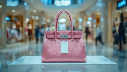 Pink handbag display with shopping mall.
