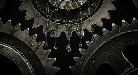 Close-up of Oiled Interlocking Industrial Gears with Dripping Metallic Liquid - Machinery Detail Stock Photo / Illustration