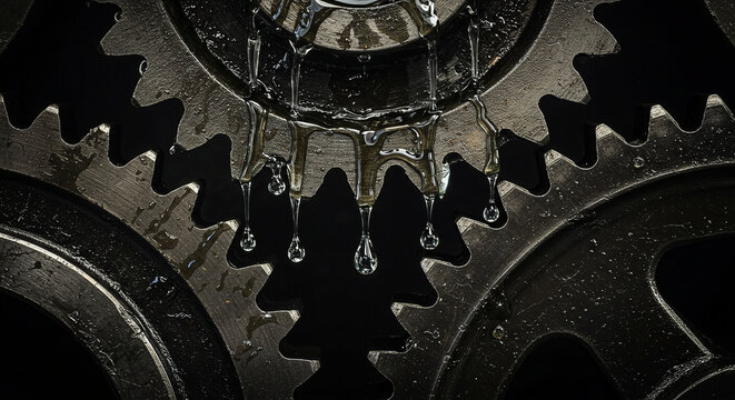 Close-up of Oiled Interlocking Industrial Gears with Dripping Metallic Liquid - Machinery Detail Stock Photo / Illustration