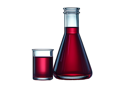 A beaker filled with a dark red liquid and another glass against on a transparent background PNG
