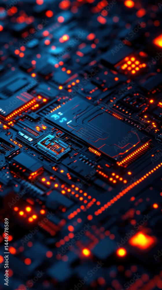 Poster the image is a close up of a computer chip with many small lights on it. the lights are arranged in 