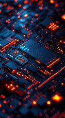 Obraz premium The image is a close up of a computer chip with many small lights on it. The lights are arranged in a way that creates a sense of depth and complexity, giving the impression of a highly intricate