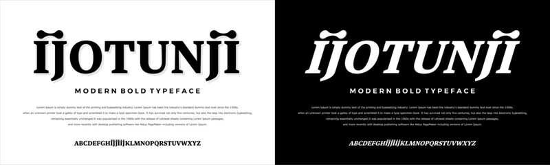 A Modern Bold Alphabet with Unique Typeface on the Black and White Background Called Ijotunji Font,black and white, Vector Illustration