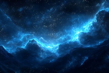 Obraz premium Celestial Mountains A breathtaking cosmic landscape of vibrant blue nebulae sparkling stars and dark mysterious peaks