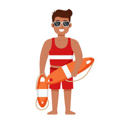 Smiling lifeguard holding life preserver and life vest cartoon illustration