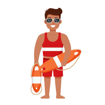 Smiling lifeguard holding life preserver and life vest cartoon illustration