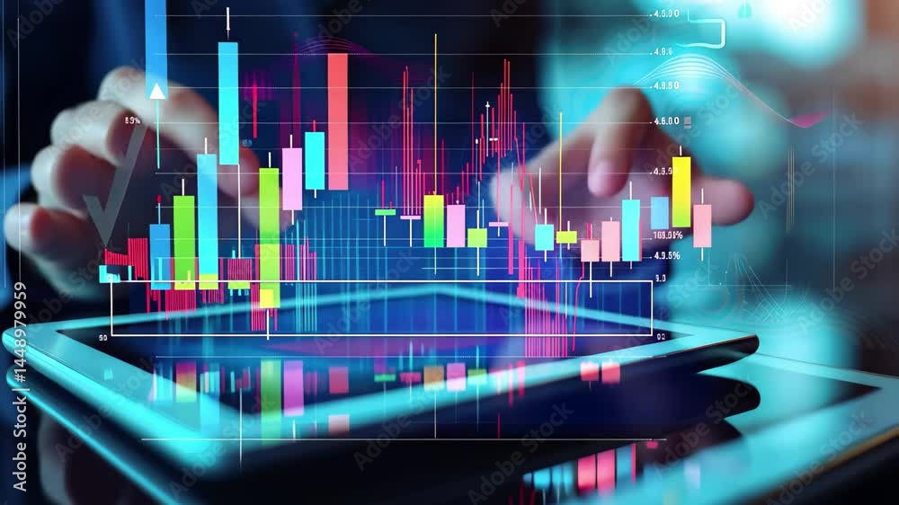 Leinwandbilder stock footage showcasing hands interacting with a tablet displaying colorful data analytics and fina