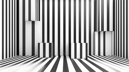Abstract Black and White Striped Room with Geometric Cubes: A Study in Minimalist Design