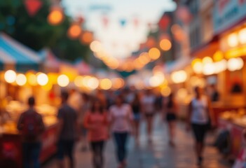 Walking Through Evening Market with Blurred Festive Lights