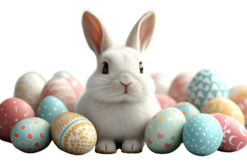 A white rabbit surrounded by Easter eggs on transparent background PNG