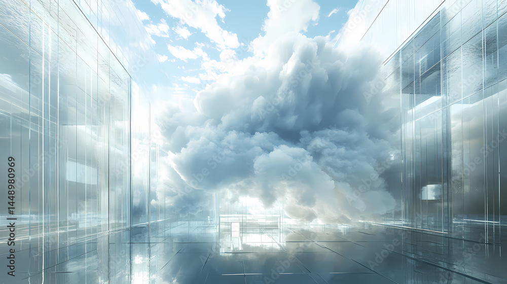 Wall mural surreal architecture with a giant cloud inside a metallic room. generative ai image. [dream architec