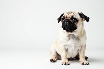 Obraz premium Playful pug, sitting, against pure white backdrop, white background, small dog