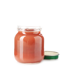 Baby food. Tasty puree in glass jar isolated on white