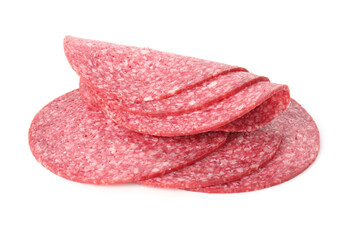 Slices of tasty smoked sausage isolated on white