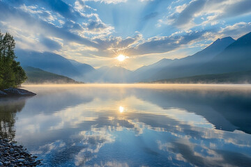 Obraz premium Majestic mountain vista bathed in ethereal light reflected on serene lake surface