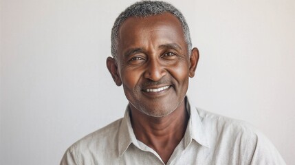 Obraz premium Smiling mature Ethiopian man in light shirt on white background, african mature man.