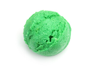 One scoop of delicious ice cream on white background, top view