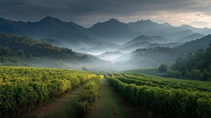 Misty Vineyard Landscape