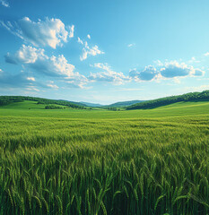 Obraz premium Vibrant wheat field at golden hour for banners, ads, or peaceful spring designs. Serene landscape with wildflowers & copy space for inspirational messages.