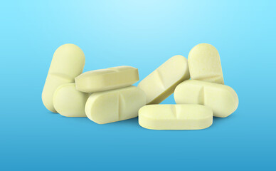 Antibiotic pills. Yellow tablets on light blue gradient background. Banner design