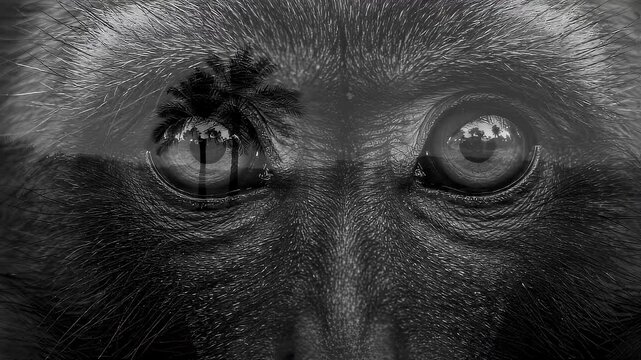 AI-generated of a grayscale, closeup portrait of a monkey with a cinematic transition to nature