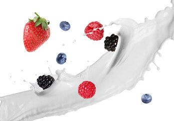 Milk splash and different fresh berries in air on white background