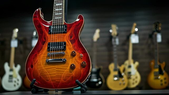 AI-generated of a closeup of a shiny electric guitar with flames print on a stand