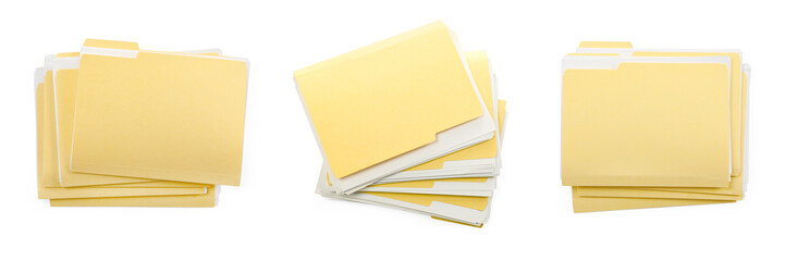 File folders with sheets of paper isolated on white, collage. Top view