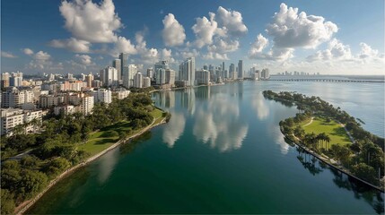 Naklejka premium Panoramic view of city skyline reflecting on calm water. Lush greenery on one side
