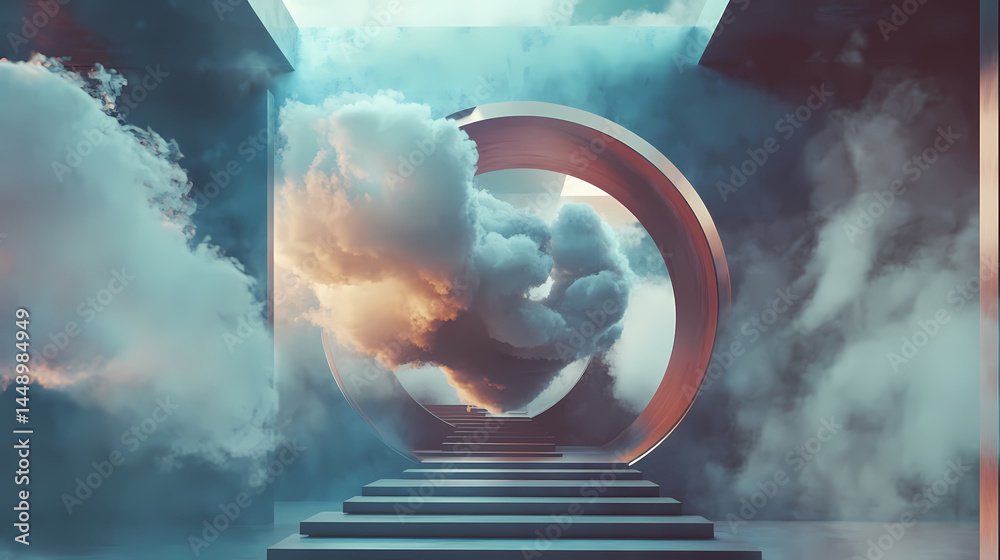 Wall mural surreal architecture with a giant cloud inside a metallic room. generative ai image. [dream architec