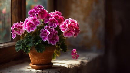Fototapeta premium Pink Geraniums on Windowsill