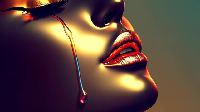 Close-up of metallic female face in profile with closed eyes, glossy teardrop, gold eyeshadow and sculpted lips, bathed in warm light on a gradient background. Concept of surreal beauty and digital fa