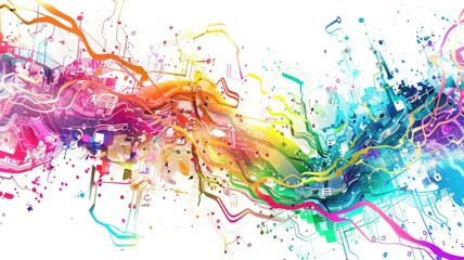 Abstract colorful data flow on complex circuit with digital technology style design. Dust color explode graphic show electric dynamic movement represent about processor algorithm on computer. AIG53.