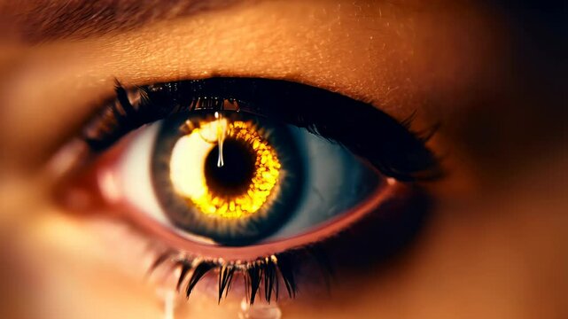 Extreme close-up of female eye with golden hue and teardrop glistening in warm light, surrounded by soft lashes and a blurred background. Concept of emotional depth and fashion portraiture